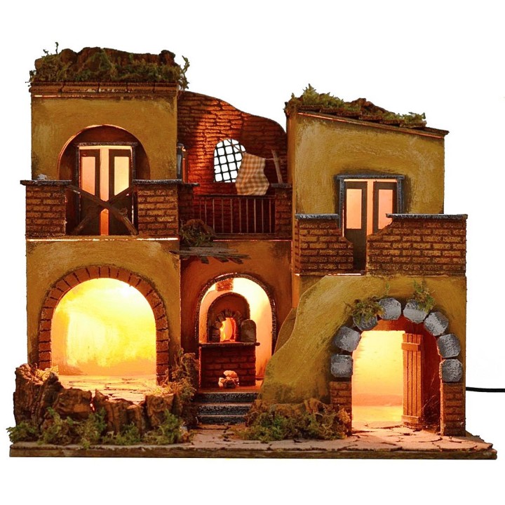Pueblo pesebre iluminado con fuego funcional de 50,5x40,5x46 cm