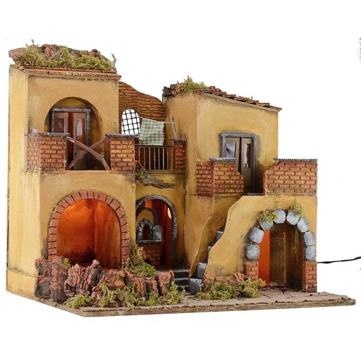 Borgo presepe illuminato con fuoco funzionante cm 50,5x40,5x46 h
