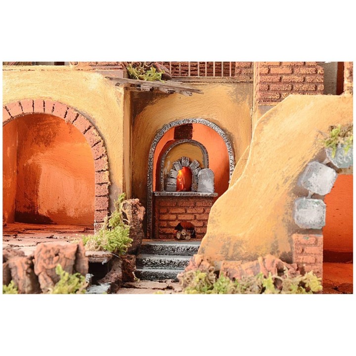 Illuminated nativity village with working fire cm 50,5x40,5x46 h