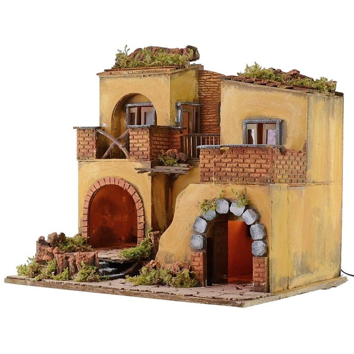 Pueblo pesebre iluminado con fuego funcional de 50,5x40,5x46 cm