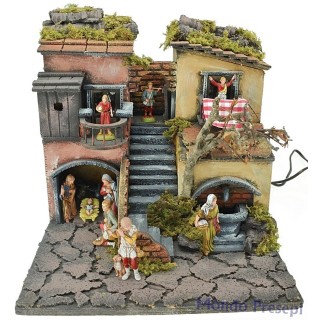 Belén de 30x30 cm con estatuas iluminado con fuente funcional.