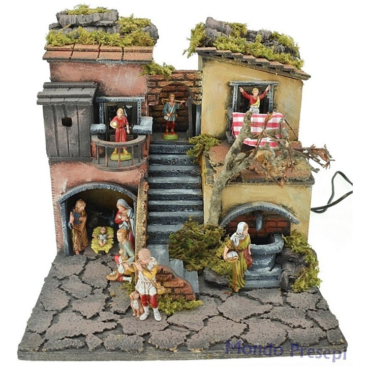 Belén de 30x30 cm con estatuas iluminado con fuente funcional.