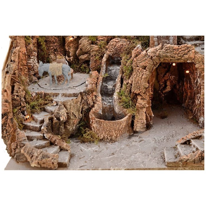 Belén de 52x55x48 cm con cascada, burro con molino y luces