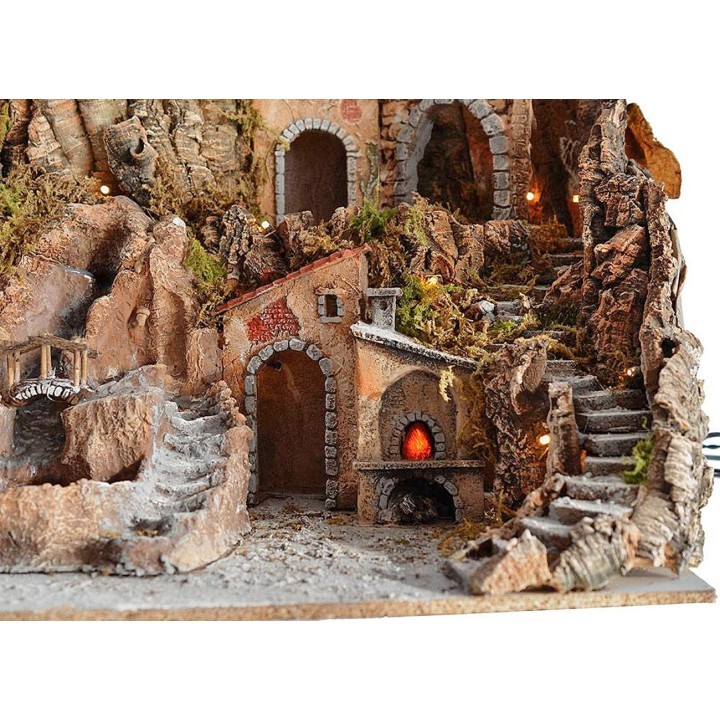 Presepe con mulino, cascata, fuco e luci funzionanti cm