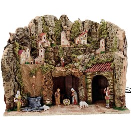 Belén completo con figuras Landi de 8 cm, fuente y luces, de