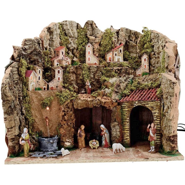 Presepe completo con statue Landi 8 cm Fontana e luci cm