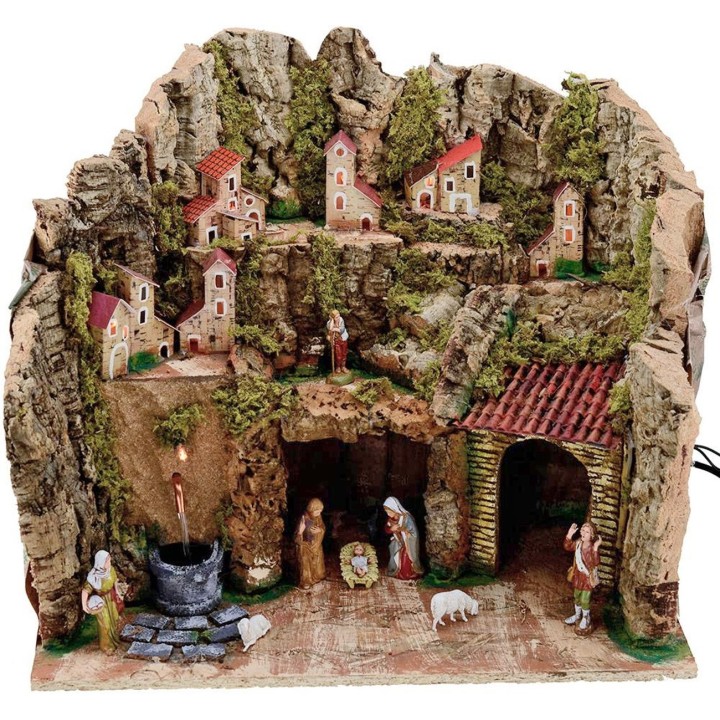 Belén completo con figuras Landi de 8 cm, fuente y luces, de