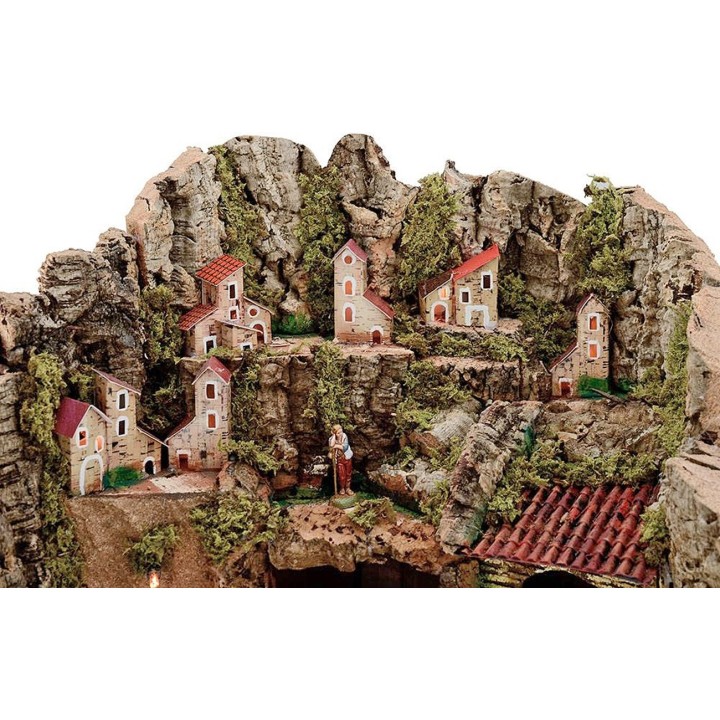 Presepe completo con statue Landi 8 cm Fontana e luci cm