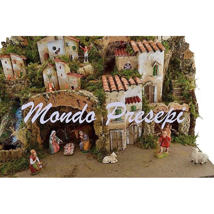 Belén completo con estatuas Landi, cascada y luces de 76x40x54