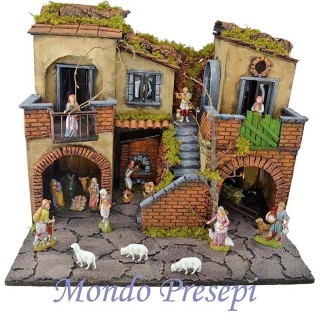Presepe completo con statue Landi illuminato con forno cm