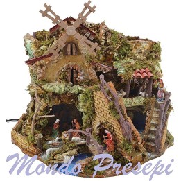 Presepe completo con statue Landi mulino e fuoco cm 57x36x48 h