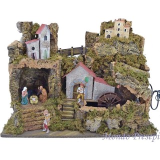 Crib full of statues Landi mill, water and lights, cm 50 x 26