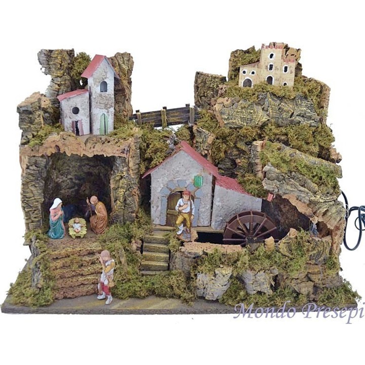 Presepe completo di statue Landi con mulino ad acqua e luci cm