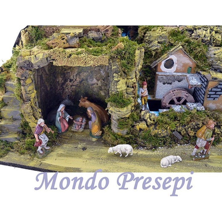 Presepe completo di statue landi con mulino e luci cm 80x50x50