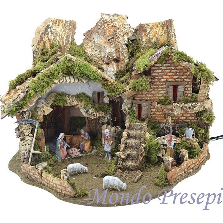 Presepe con fontana e luci completo cm 56x37x42 h