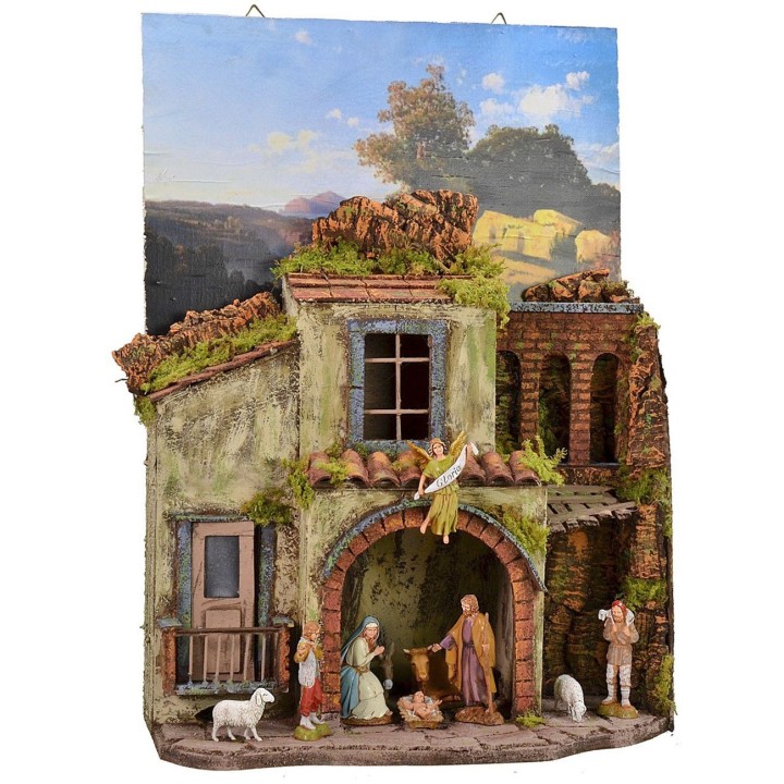 Pesebre con cuadro para colgar completo de estatuas Landi de