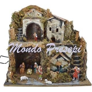 Belén con figuras Landi, fuente y luces de 42x35x38 cm h.
