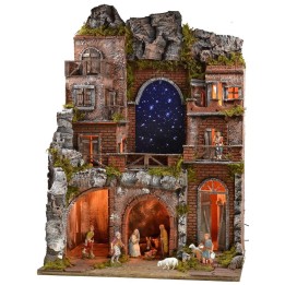 Illuminated nativity scene complete with Landi statues with