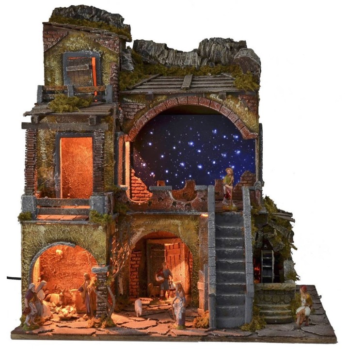 Presepe illuminato completo di statue Landi con cielo stellato
