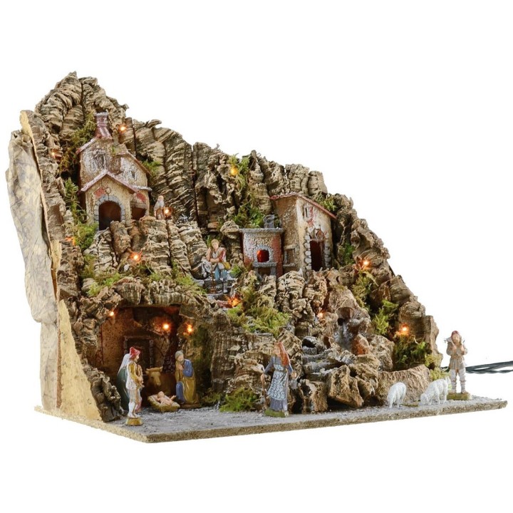 Illuminated nativity scene complete with Landi statues with