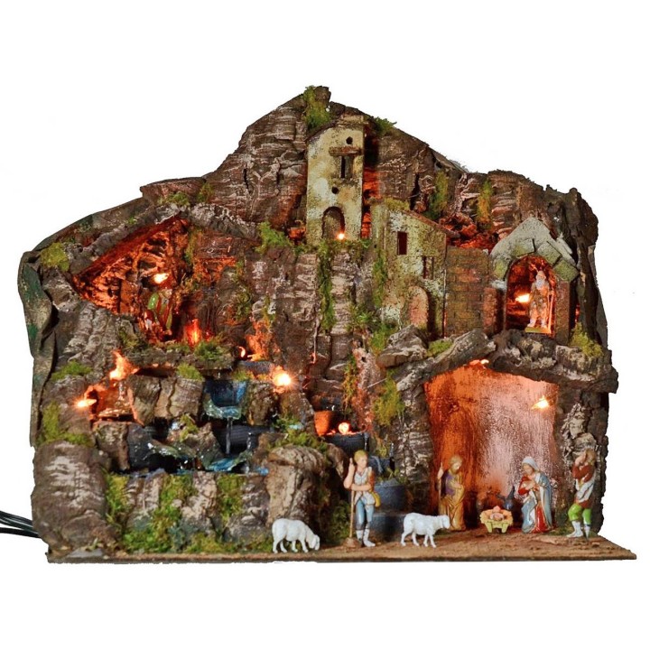 Illuminated nativity scene complete with Landi statues with