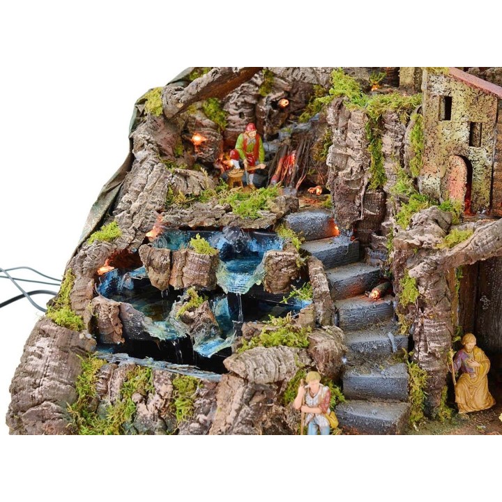 Presepe illuminato completo di statue Landi con fuoco e cascata