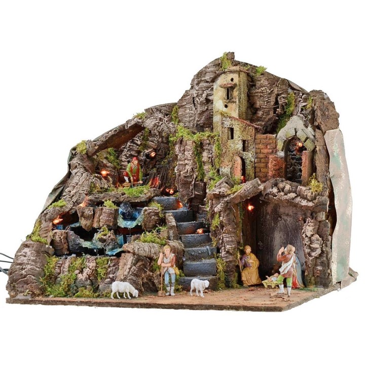 Presepe illuminato completo di statue Landi con fuoco e cascata