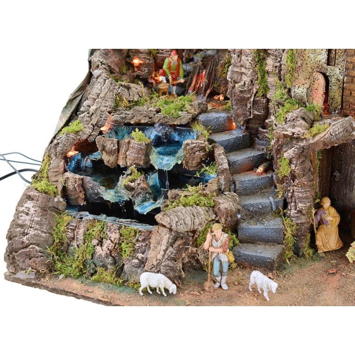 Presepe illuminato completo di statue Landi con fuoco e cascata