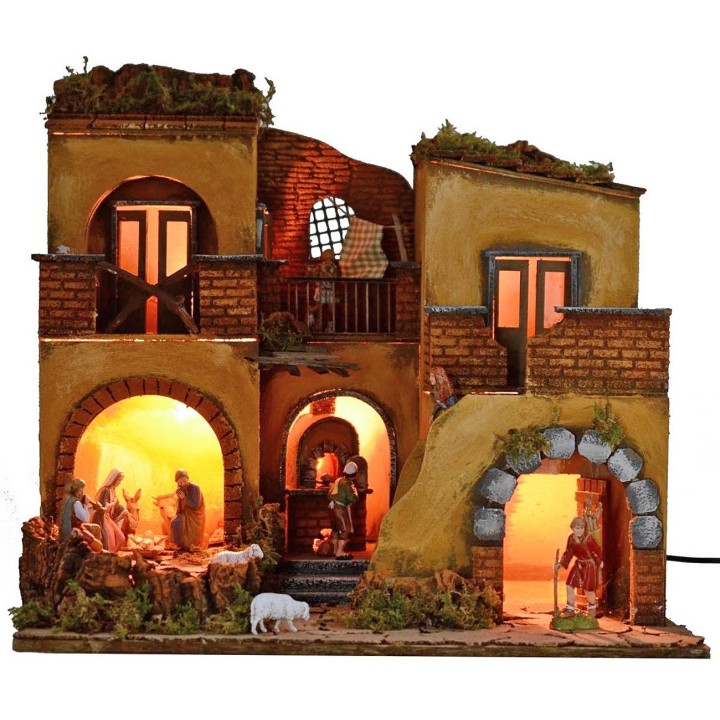 Presepe illuminato completo di statue Landi con fuoco