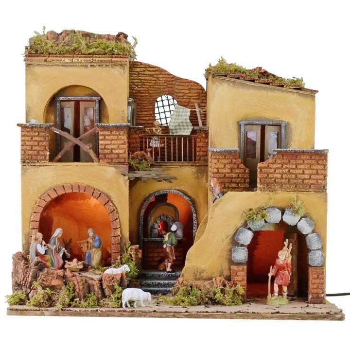 Pesebre iluminado completo con estatuas Landi con fuego