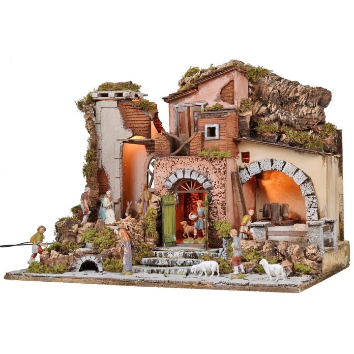 Illuminated nativity scene complete with Landi statues with