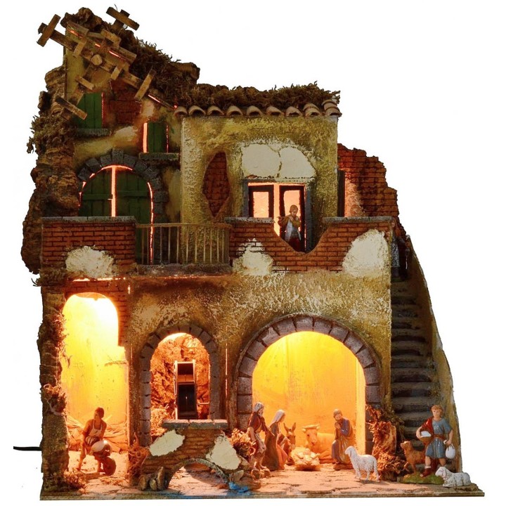 Illuminated nativity scene complete with Landi statues with