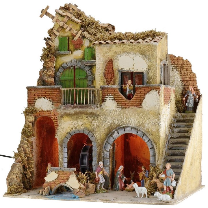 Illuminated nativity scene complete with Landi statues with