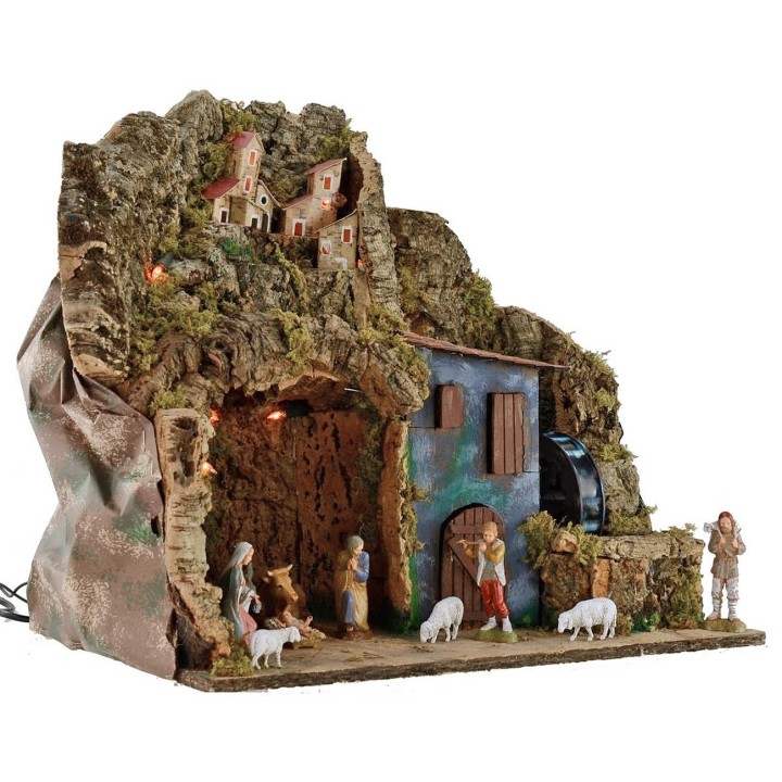 Pesebre iluminado completo con estatuas Landi y molino de agua