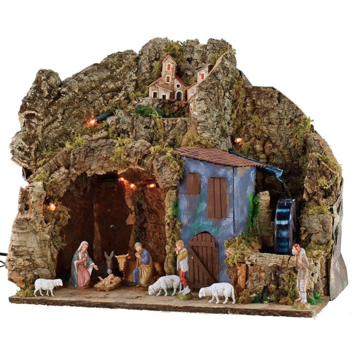 Pesebre iluminado completo con estatuas Landi y molino de agua