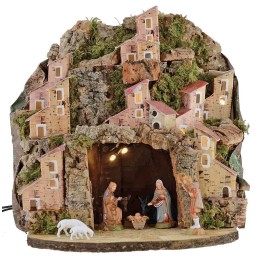 Belén iluminado completo con estatuas Landi con pueblo y cueva