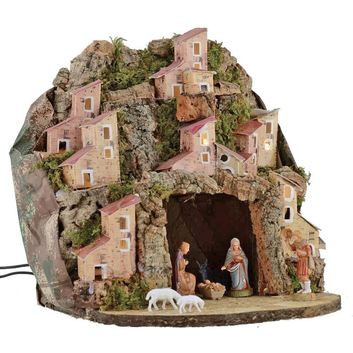 Illuminated nativity scene complete with Landi statues with