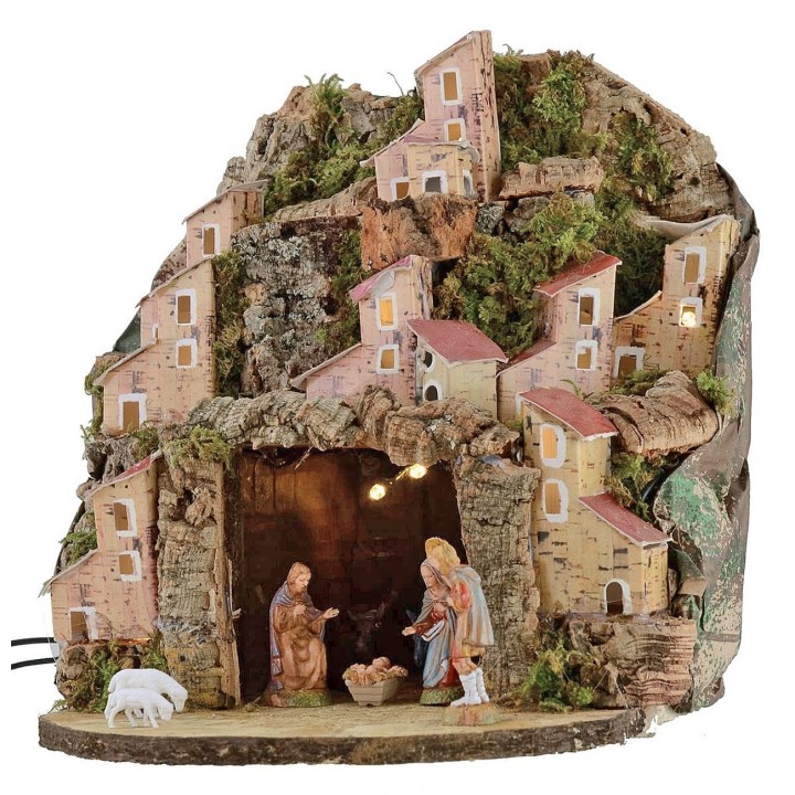 Belén iluminado completo con estatuas Landi con pueblo y cueva