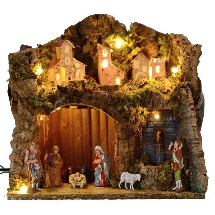 Illuminated nativity scene complete with Landi series statues 8