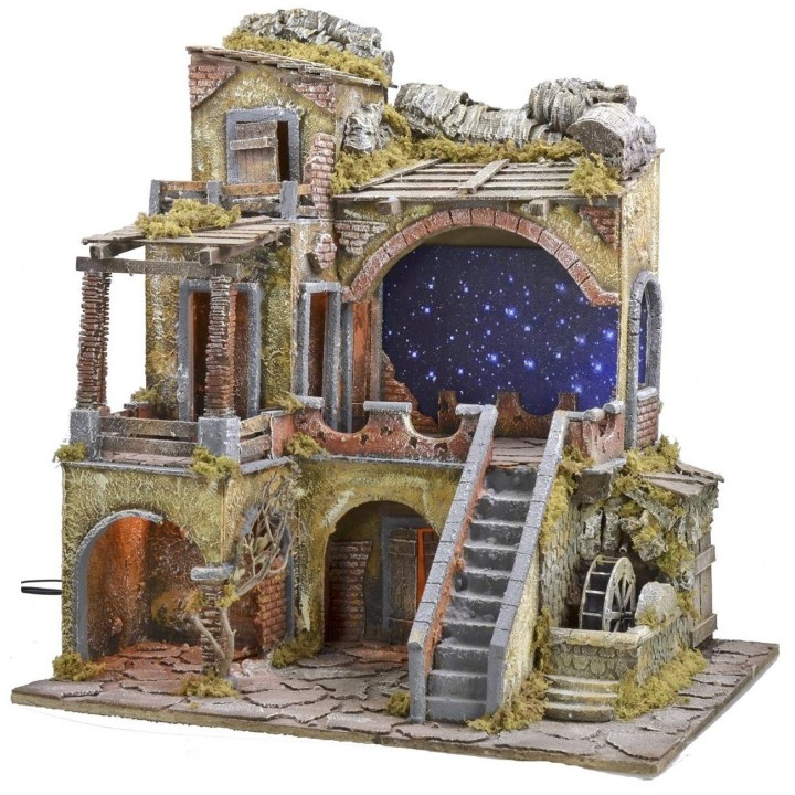 Illuminated nativity scene with fiber optic starry sky and