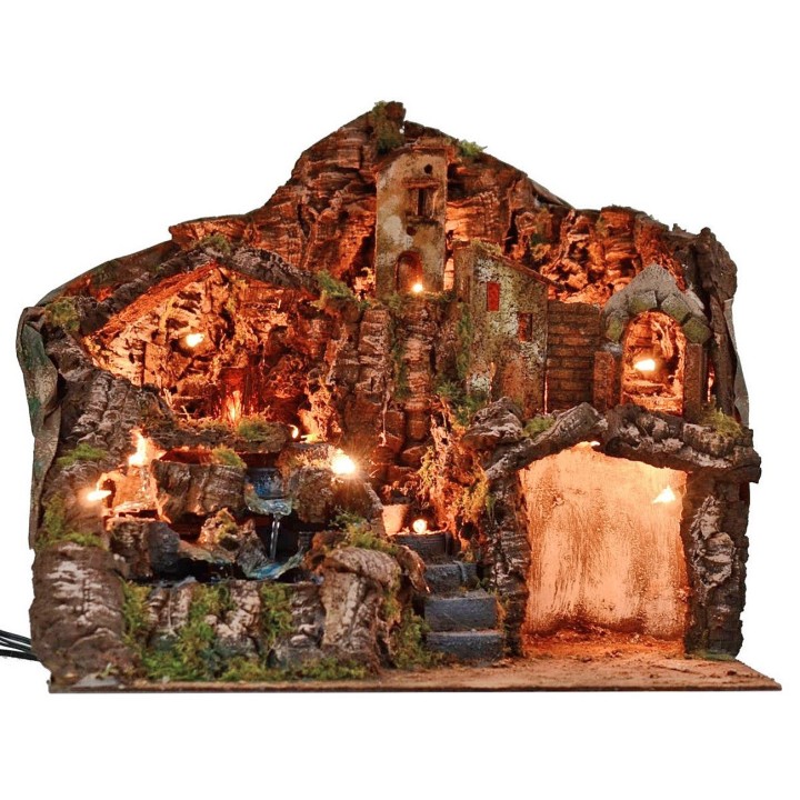 Pesebre iluminado con fuego y cascada funcional de 45x39,5x42