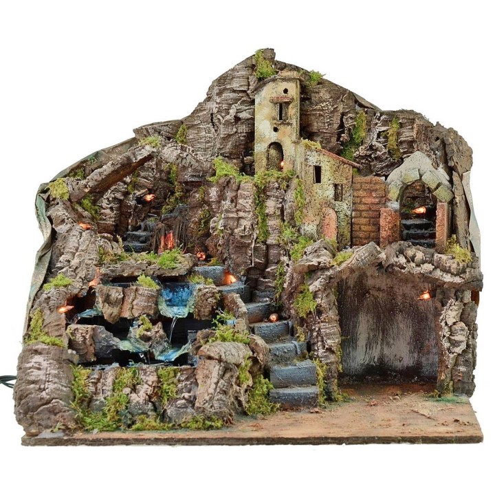 Presepe illuminato con fuoco e cascata funzionanti cm