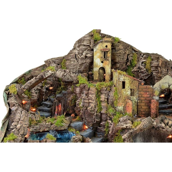 Presepe illuminato con fuoco e cascata funzionanti cm