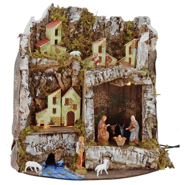 Pesebre iluminado con cueva y estatuas Landi cm 27x17x26 h