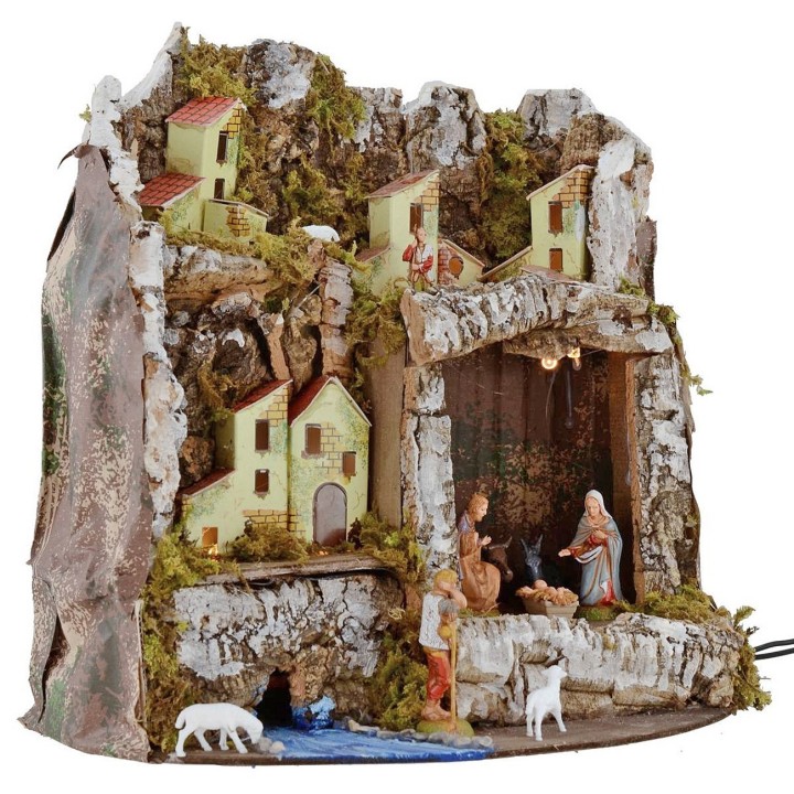 Presepe illuminated with cave and statues Landi cm 27x17x26 h