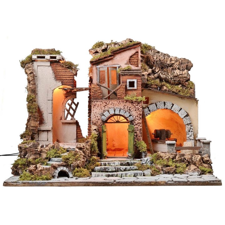 Belén iluminado con molino funcionando de 60x40x45 cm h