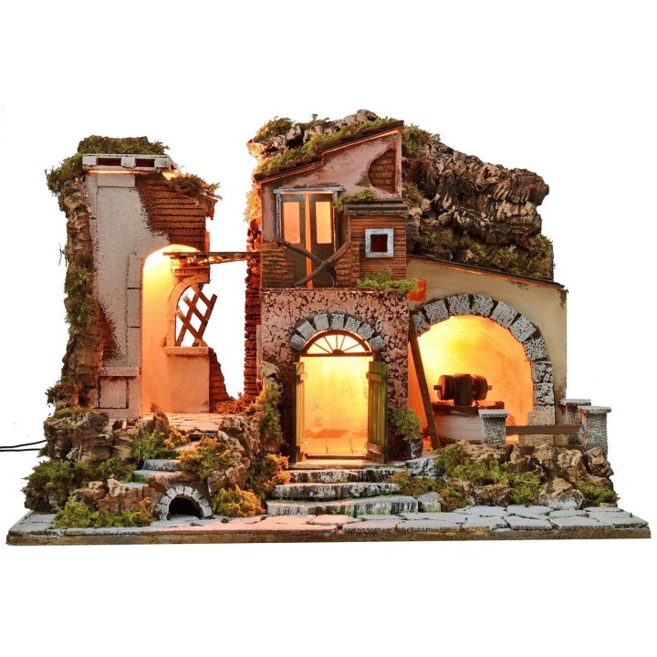 Belén iluminado con molino funcionando de 60x40x45 cm h