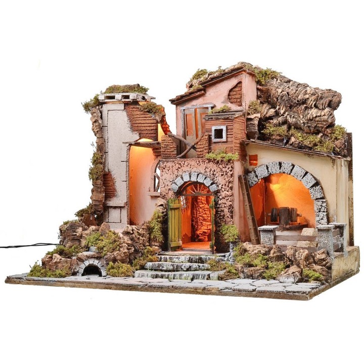 Illuminated nativity scene with working grinder cm 60x40x45 h
