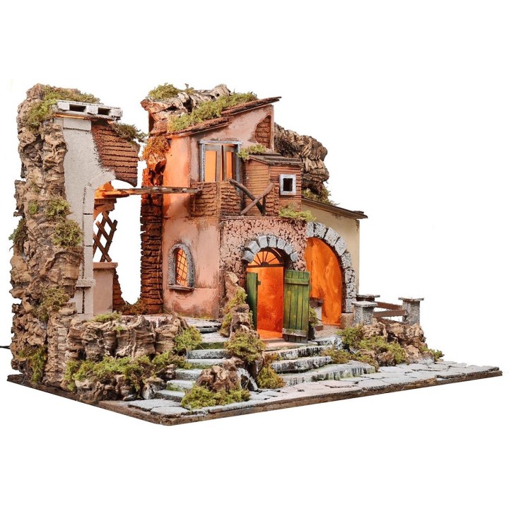 Illuminated nativity scene with working grinder cm 60x40x45 h