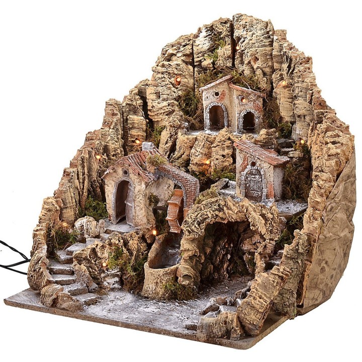 Pesebre iluminado con molino de agua y cascada de 53x45x49 cm h